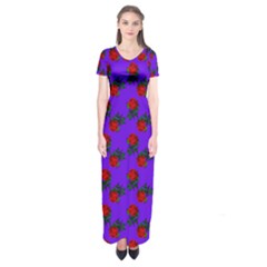 Red Roses Blue Purple Short Sleeve Maxi Dress by snowwhitegirl