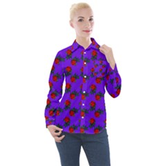 Red Roses Blue Purple Women s Long Sleeve Pocket Shirt