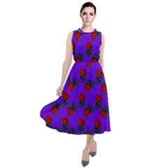 Red Roses Blue Purple Round Neck Boho Dress