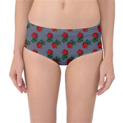 Red Roses Grey Mid-waist Bikini Bottoms by snowwhitegirl