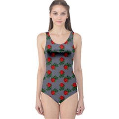 Red Roses Grey One Piece Swimsuit by snowwhitegirl