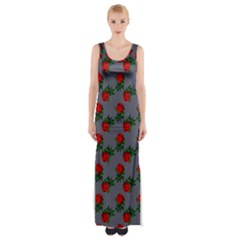 Red Roses Grey Thigh Split Maxi Dress by snowwhitegirl