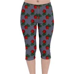 Red Roses Grey Velvet Capri Leggings 