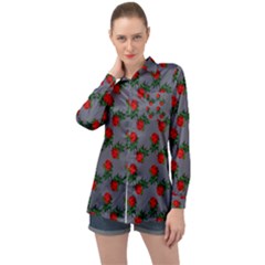 Red Roses Grey Long Sleeve Satin Shirt