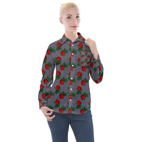 Red Roses Grey Women s Long Sleeve Pocket Shirt by snowwhitegirl