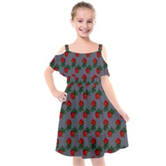 Red Roses Grey Kids  Cut Out Shoulders Chiffon Dress