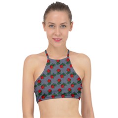 Red Roses Grey Racer Front Bikini Top