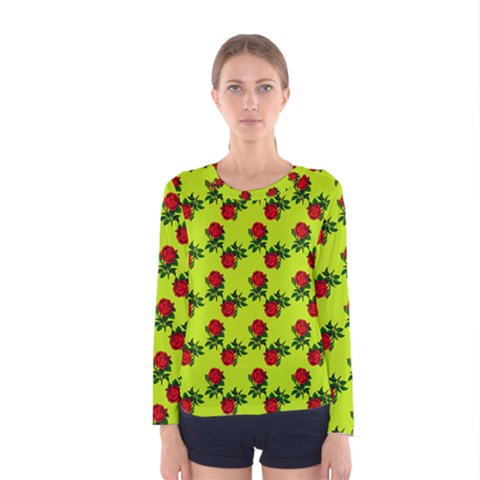 Red Roses Lime Green Women s Long Sleeve Tee by snowwhitegirl