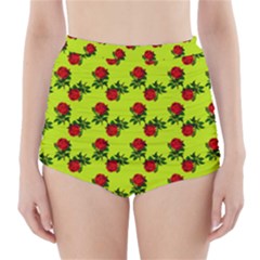 Red Roses Lime Green High-waisted Bikini Bottoms by snowwhitegirl