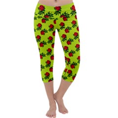 Red Roses Lime Green Capri Yoga Leggings by snowwhitegirl