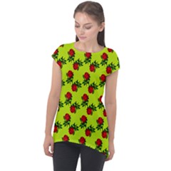 Red Roses Lime Green Cap Sleeve High Low Top by snowwhitegirl