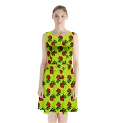 Red Roses Lime Green Sleeveless Waist Tie Chiffon Dress by snowwhitegirl