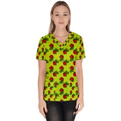 Red Roses Lime Green Women s V-neck Scrub Top by snowwhitegirl