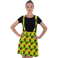 Red Roses Lime Green Velvet Suspender Skater Skirt