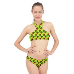 Red Roses Lime Green High Neck Bikini Set by snowwhitegirl