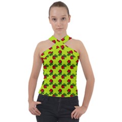 Red Roses Lime Green Cross Neck Velour Top by snowwhitegirl