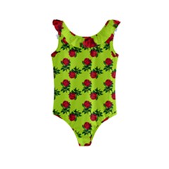 Red Roses Lime Green Kids  Frill Swimsuit by snowwhitegirl