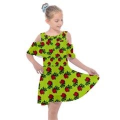 Red Roses Lime Green Kids  Shoulder Cutout Chiffon Dress by snowwhitegirl