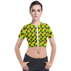 Red Roses Lime Green Short Sleeve Cropped Jacket by snowwhitegirl