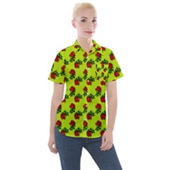 Red Roses Lime Green Women s Short Sleeve Pocket Shirt