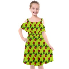 Red Roses Lime Green Kids  Cut Out Shoulders Chiffon Dress