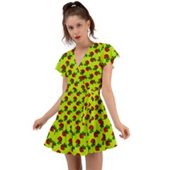 Red Roses Lime Green Flutter Sleeve Wrap Dress