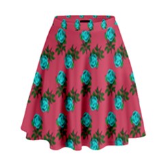 Blue Roses Pink High Waist Skirt by snowwhitegirl