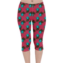 Blue Roses Pink Velvet Capri Leggings 