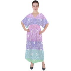 Vintage Pastel Mandala White V-neck Boho Style Maxi Dress