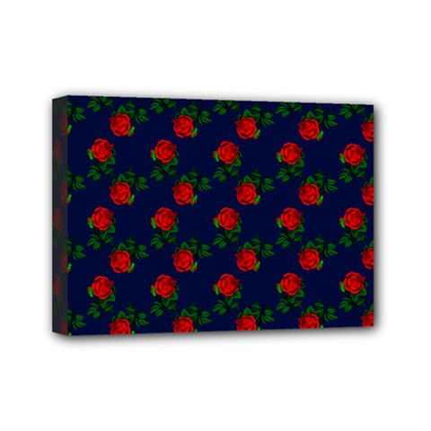 Red Roses Dark Blue Mini Canvas 7  X 5  (stretched) by snowwhitegirl