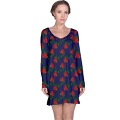 Red Roses Dark Blue Long Sleeve Nightdress by snowwhitegirl