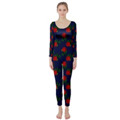 Red Roses Dark Blue Long Sleeve Catsuit by snowwhitegirl