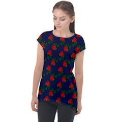 Red Roses Dark Blue Cap Sleeve High Low Top