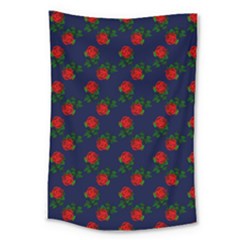 Red Roses Dark Blue Large Tapestry