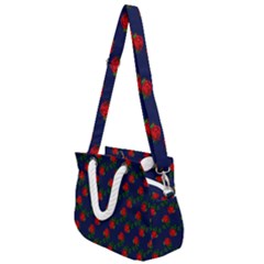 Red Roses Dark Blue Rope Handles Shoulder Strap Bag by snowwhitegirl