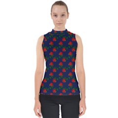 Red Roses Dark Blue Mock Neck Shell Top