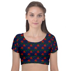 Red Roses Dark Blue Velvet Short Sleeve Crop Top  by snowwhitegirl