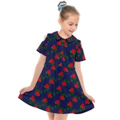 Red Roses Dark Blue Kids  Short Sleeve Shirt Dress