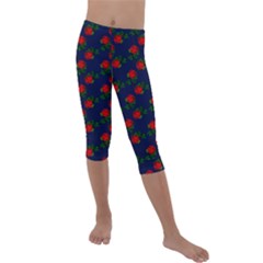 Red Roses Dark Blue Kids  Lightweight Velour Capri Leggings  by snowwhitegirl