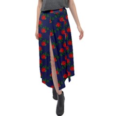 Red Roses Dark Blue Velour Split Maxi Skirt