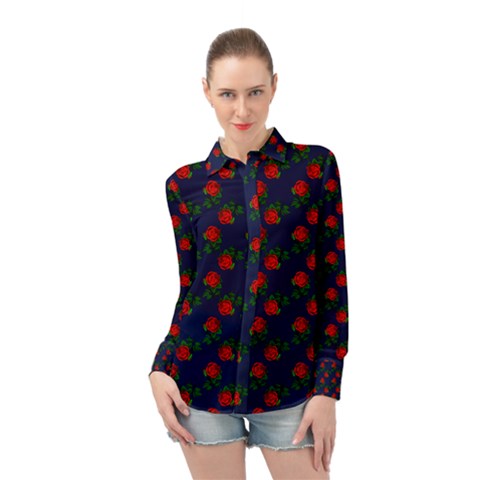 Red Roses Dark Blue Long Sleeve Chiffon Shirt by snowwhitegirl