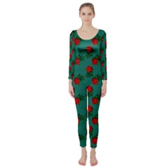 Red Roses Teal Green Long Sleeve Catsuit by snowwhitegirl