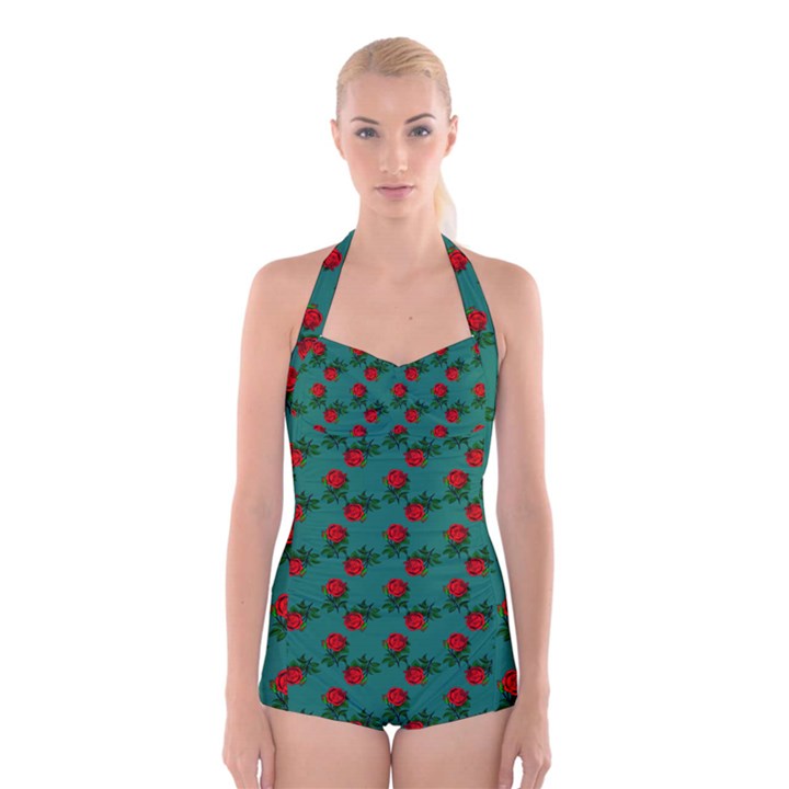 Red Roses Teal Green Boyleg Halter Swimsuit 