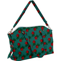 Red Roses Teal Green Canvas Crossbody Bag