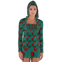 Red Roses Teal Green Long Sleeve Hooded T-shirt by snowwhitegirl