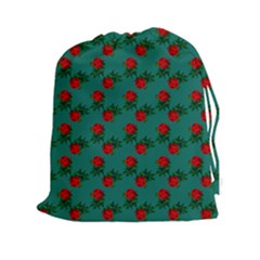 Red Roses Teal Green Drawstring Pouch (xxl) by snowwhitegirl