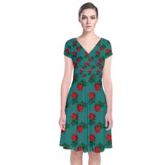 Red Roses Teal Green Short Sleeve Front Wrap Dress