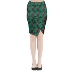 Red Roses Teal Green Midi Wrap Pencil Skirt