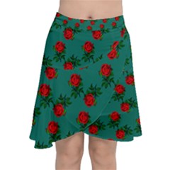 Red Roses Teal Green Chiffon Wrap Front Skirt