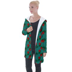 Red Roses Teal Green Longline Hooded Cardigan by snowwhitegirl